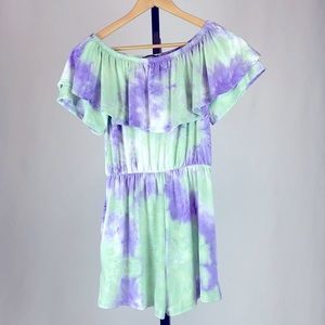 Purple and green tie dye, ruffled romper